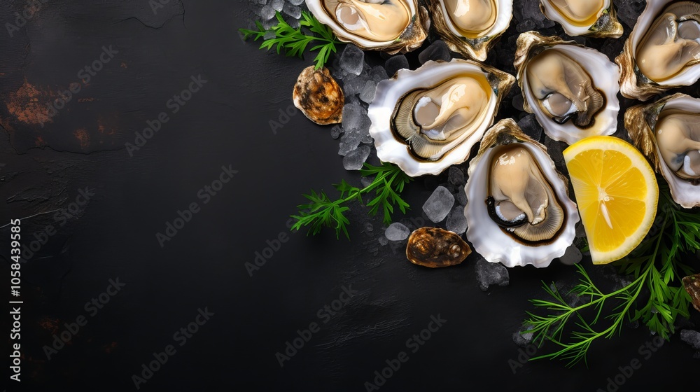 Freshly shucked oysters served on ice with lemon and herbs for a gourmet seafood experience Freshly shucked oysters served on ice with lemon and herbs for a gourmet seafood experience