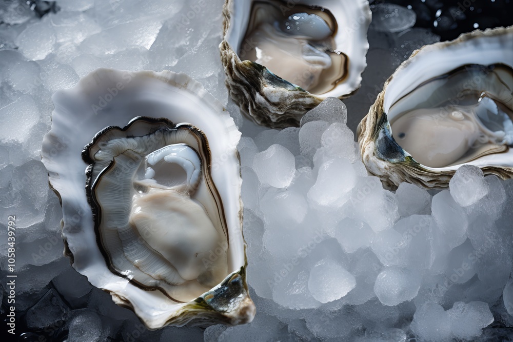 Freshly shucked oysters resting on ice, perfect for a seafood feast or culinary delight Freshly shucked oysters resting on ice, perfect for a seafood feast or culinary delight