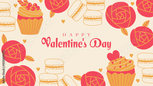 Valentine's Day: Macaroons, roses and cupcakes background