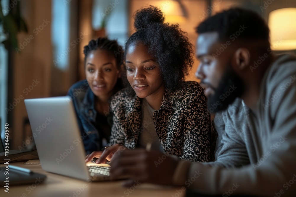 Team huddled around laptop, brainstorming brand concepts, diverse group, contemporary office decor, photorealistic details, soft light Team huddled around laptop, brainstorming brand concepts, diverse group, contemporary office decor, photorealistic details, soft light