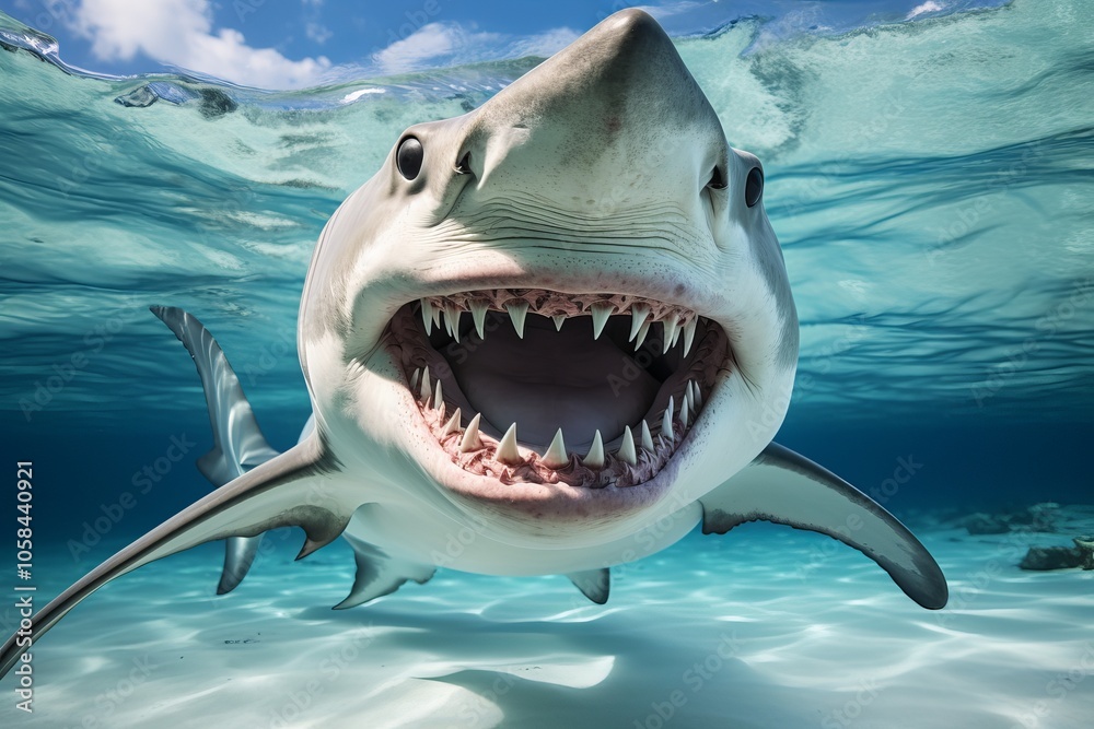 Naklejka premium Majestic tiger shark swimming gracefully in clear blue waters of the ocean