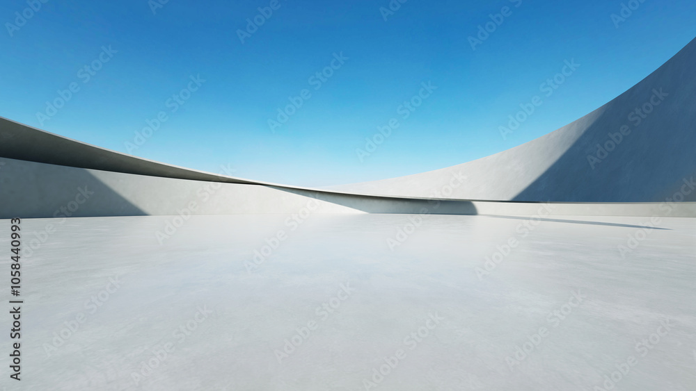 Naklejka premium 3d render of white futuristic architecture, abstract wavy structure with empty concrete floor.