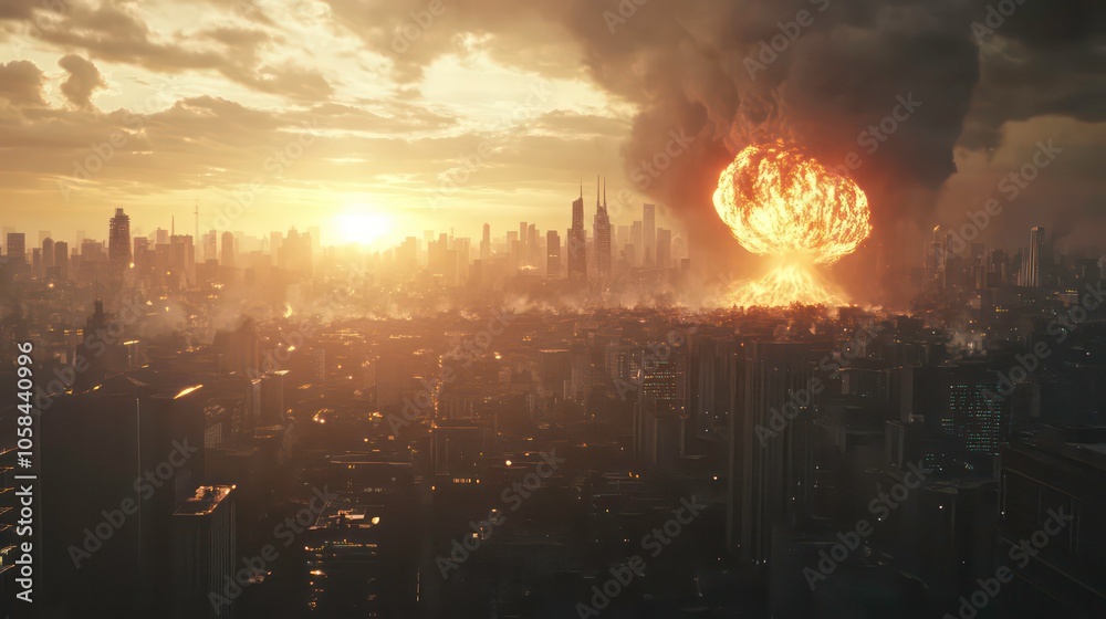 Fototapeta premium A cityscape engulfed in a nuclear explosion at sunset, illustrating destruction and chaos.