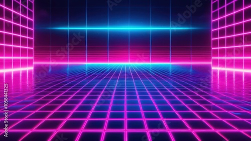 80s neon retro grid background with vibrant pink and blue hues, perfect for synthwave and vaporwave aesthetics, ideal for digital and graphic design