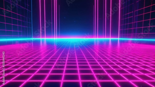 80s neon retro grid background with vibrant pink and blue hues, perfect for synthwave and vaporwave aesthetics, ideal for digital and graphic design