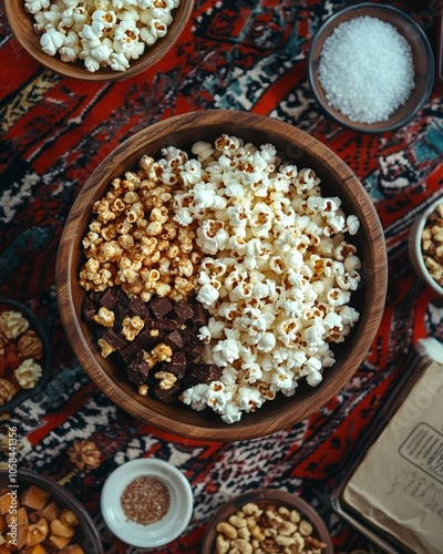 Sweet and savory popcorn mix with caramel, white cheddar, and dark chocolate