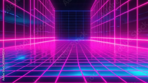 80s neon retro grid background with vibrant pink and blue hues, perfect for synthwave and vaporwave aesthetics, ideal for digital and graphic design