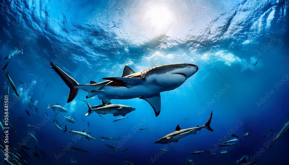 Fototapeta premium Shark swims along a reef in clear blue water