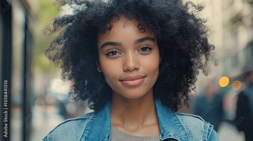 Beautiful young African American woman with curly hair is portraited with a cellphone on the street, embodying confidence and style, with ample copy space for your design needs. Beautiful young African American woman with curly hair is portraited with a cellphone on the street, embodying confidence and style, with ample copy space for your design needs.