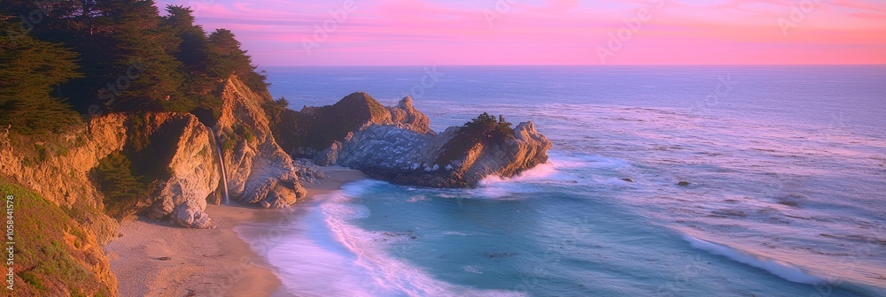 Naklejka premium Majestic Coastal Sunset: A Panoramic View of Rugged Cliffs, Crashing Waves, and Colorful Horizon - Ultra-Detailed Landscape Photography