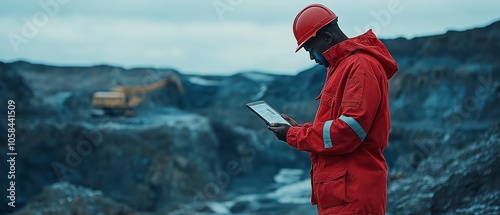 An African American young man working in mining construction is using a tablet.