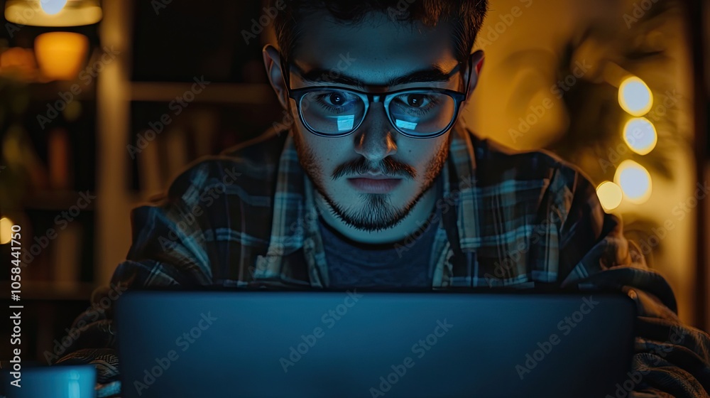 Young man engaged in remote work at his laptop, emphasizing communication and internet technology, with ample copy space for added text and graphics. Young man engaged in remote work at his laptop, emphasizing communication and internet technology, with ample copy space for added text and graphics.