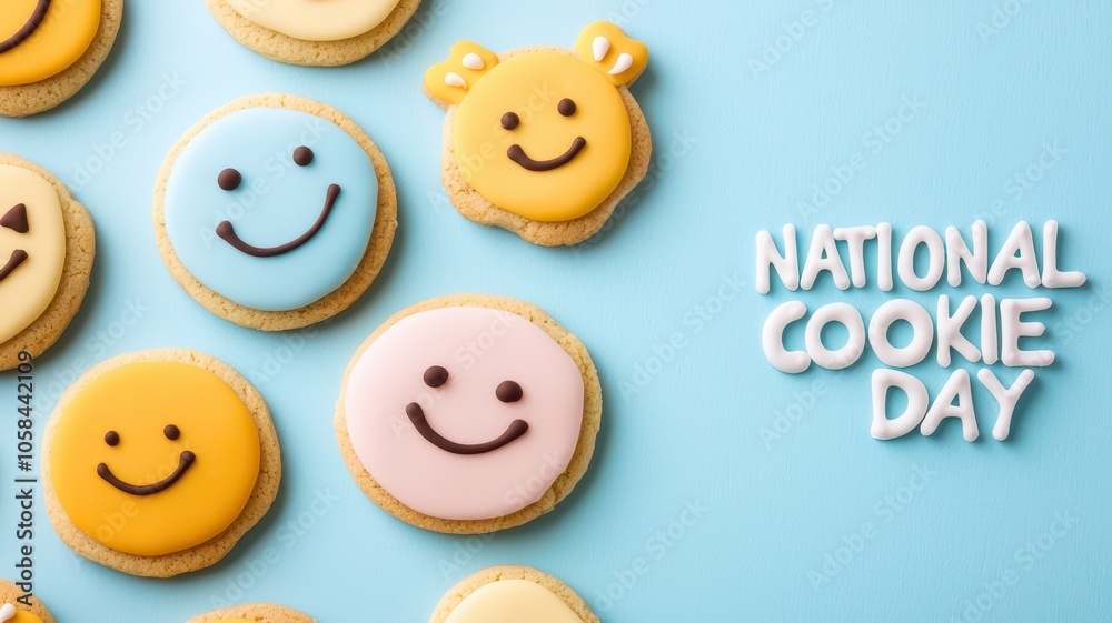 Colorful cookies shaped like smiley faces celebrating National Cookie Day on a blue background. Colorful cookies shaped like smiley faces celebrating National Cookie Day on a blue background.