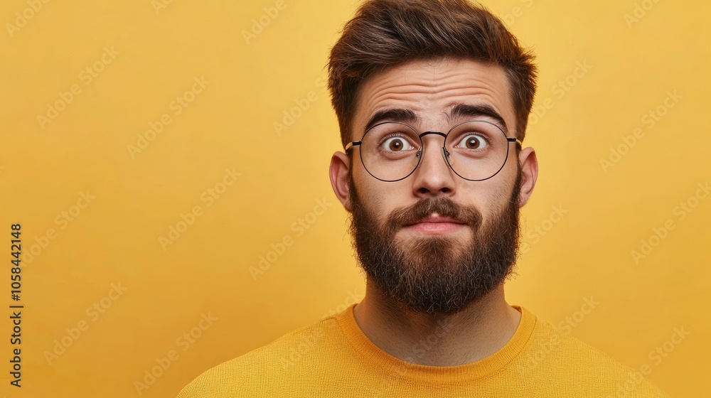 Bearded young man wearing optical glasses gazes ahead with an attentive expression. The photo captures a moment of focus and concentration, featuring ample copy space for text. Bearded young man wearing optical glasses gazes ahead with an attentive expression. The photo captures a moment of focus and concentration, featuring ample copy space for text.