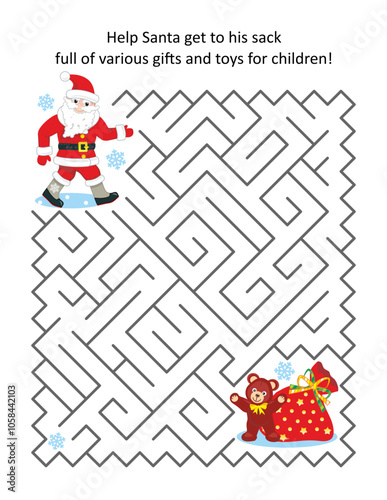 Maze game or activity page for kid. Help Santa find the way to his sack with gifts for children.
