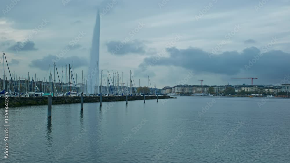 Timelapse close to water fountain in Geneva moody weather in Switzerland Timelapse close to water fountain in Geneva moody weather in Switzerland