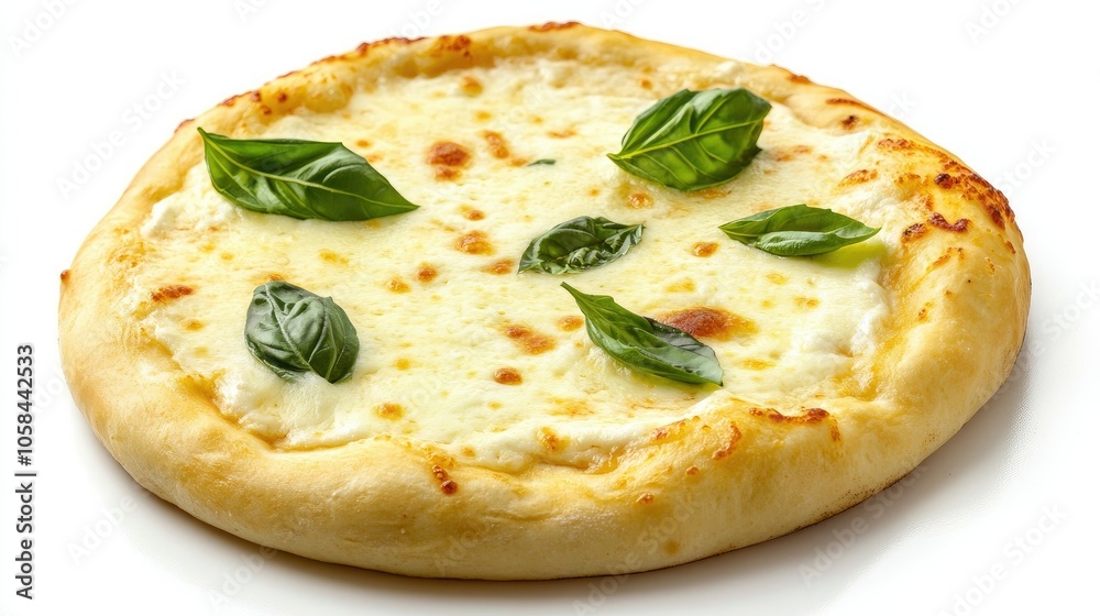 Margherita pizza with melted cheese and basil leaves, isolated on a clean white background for a simple, classic Italian feel Margherita pizza with melted cheese and basil leaves, isolated on a clean white background for a simple, classic Italian feel
