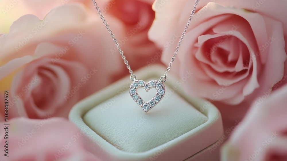 A delicate diamond heart necklace hanging on a white jewelry box, with soft, pink roses forming a beautiful backdrop. x A delicate diamond heart necklace hanging on a white jewelry box, with soft, pink roses forming a beautiful backdrop. x