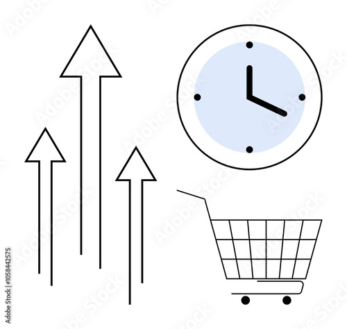 Three upward arrows, a clock, and a shopping cart outline represent growth, efficiency, punctuality, and consumerism. Ideal for business trends, productivity, online shopping, time management, market