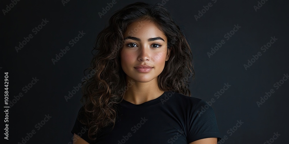 Fototapeta premium A stunning young woman with curly dark locks, dressed in a black t shirt, gazes confidently into the camera. Her confident demeanor is evident as she looks directly at the lens.