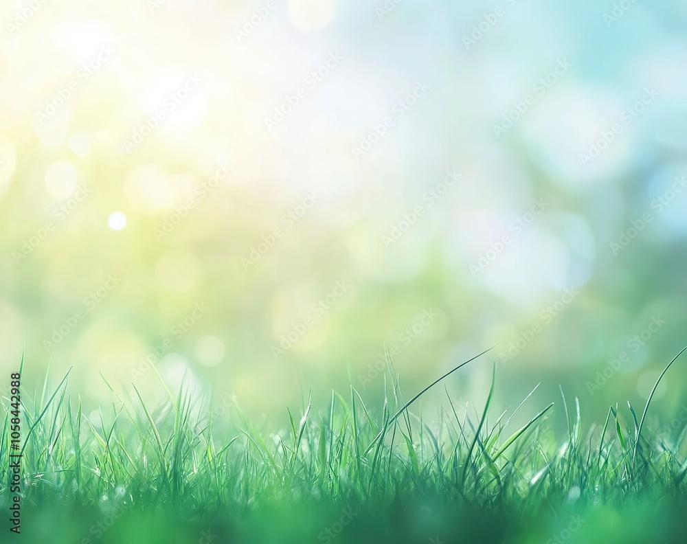 Fototapeta premium Beautiful spring background with blurred sun rays and on the green meadow, blue sky with clouds. 