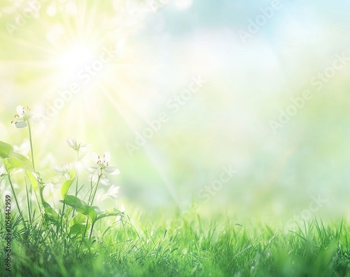 Beautiful spring background with blurred sun rays and on the green meadow, blue sky with clouds. 