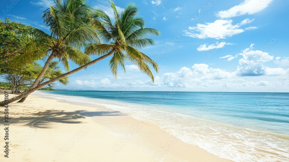Peaceful tropical beach with soft white sand, coconut trees swaying under blue skies, travel escape. Peaceful tropical beach with soft white sand, coconut trees swaying under blue skies, travel escape.