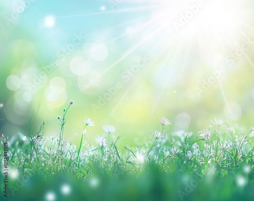 Beautiful spring background with blurred sun rays and on the green meadow, blue sky with clouds. 