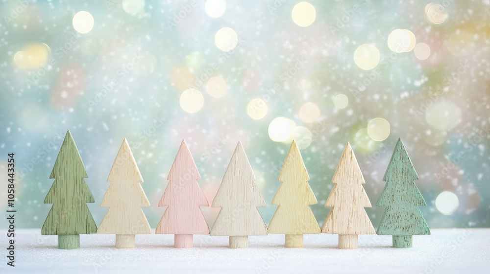 A group of wooden Christmas trees standing tall against a soft bokeh background in pastel hues. Perfect for holiday cards or promotions, with plenty of space for text. A group of wooden Christmas trees standing tall against a soft bokeh background in pastel hues. Perfect for holiday cards or promotions, with plenty of space for text.