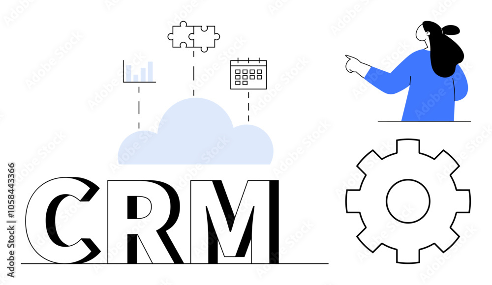 Large CRM text, cloud with charts and calendar above, gear icon, and person pointing. Ideal for business strategy, CRM solutions, data management, customer engagement, team workflow Large CRM text, cloud with charts and calendar above, gear icon, and person pointing. Ideal for business strategy, CRM solutions, data management, customer engagement, team workflow