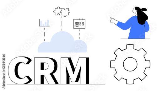 Large CRM text, cloud with charts and calendar above, gear icon, and person pointing. Ideal for business strategy, CRM solutions, data management, customer engagement, team workflow