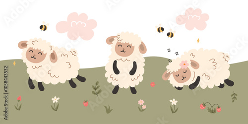 cute sheep set. vector illustration of sheep on the meadow. farm animals 