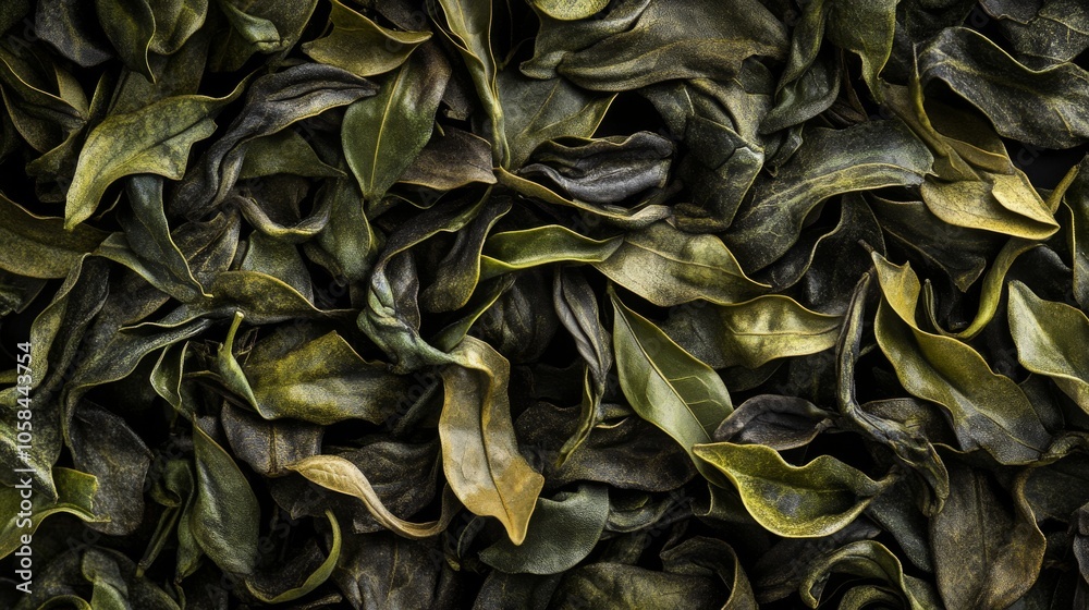 Close-up of green tea dried leaves with twisted shapes as brittle texture background Close-up of green tea dried leaves with twisted shapes as brittle texture background