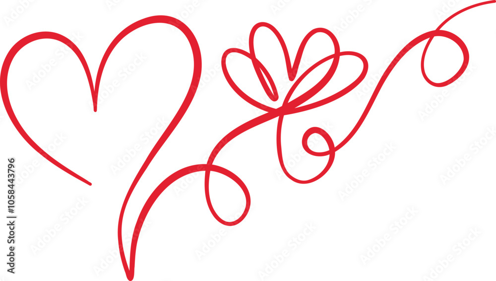 Red abstract floral heart swirl ink flourish, decorative romantic element, isolated