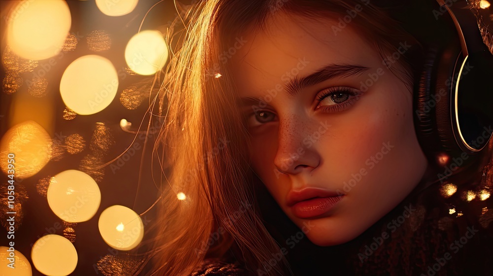Beauty portrait of a young female wearing headphones, captured in a stunning bokeh style. This beauty portrait emphasizes the youthful energy and style of the subject, with ample copy space. Beauty portrait of a young female wearing headphones, captured in a stunning bokeh style. This beauty portrait emphasizes the youthful energy and style of the subject, with ample copy space.