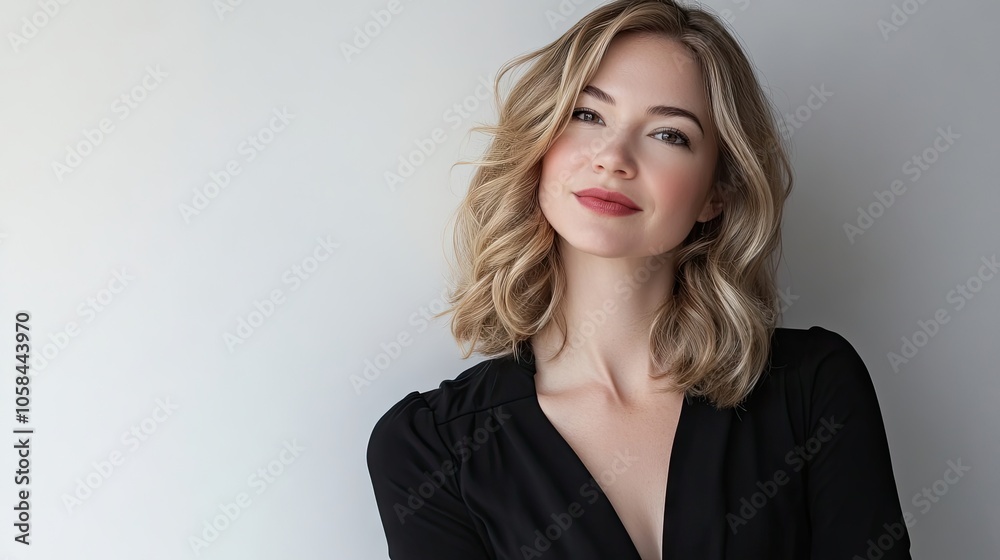 Woman with shoulder-length blonde hair adjusts her black strap blouse, emphasizing her style. The image captures her confidence and elegance, with ample copy space for design needs. Woman with shoulder-length blonde hair adjusts her black strap blouse, emphasizing her style. The image captures her confidence and elegance, with ample copy space for design needs.
