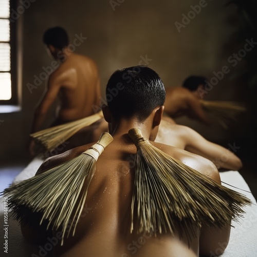 Bamboo massage for young man by four masseurs photo