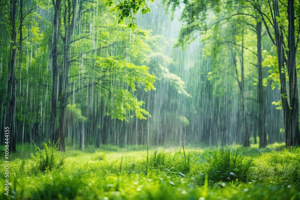 Obraz premium Heavy rain in spring forest with lush green leaves and wet ground, realistic style