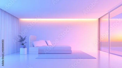 A white bedroom with a bed, a plant, and a window