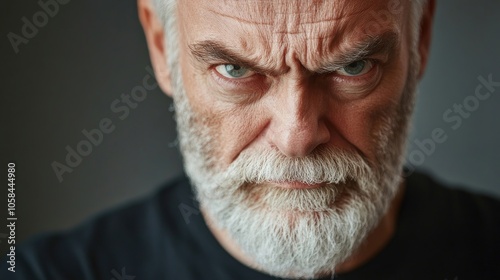 Sarcastic mature man with a beard grimacing and looking knowingly at the camera, capturing an expression full of wit. The image creates a compelling view with ample copy space. photo