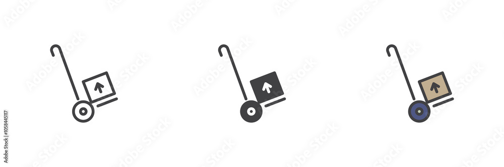 Hand trolley with cardboard box different style icon set Hand trolley with cardboard box different style icon set