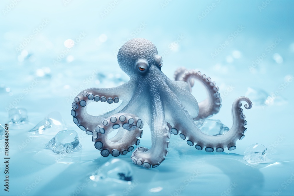 Obraz premium An octopus with vibrant colors resting on a blue surface among ice-like crystals