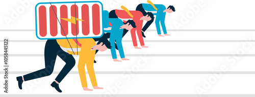 A businessman on the starting line with a huge battery on his back is ready to start

