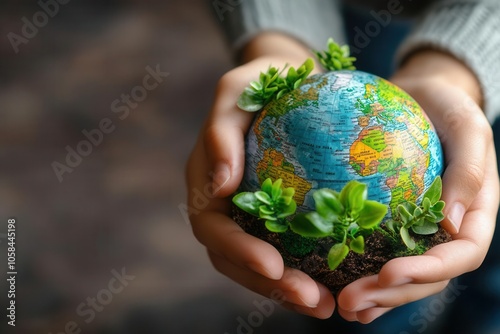 Hands holding globe and plants, representing global ecological partnership