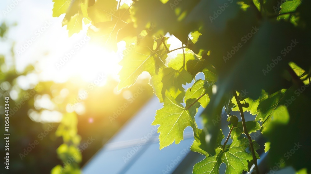 Obraz premium In the sun, solar panels on the roof of a building are visible through grape leaves. This image is for alternative energy design. Selective focus