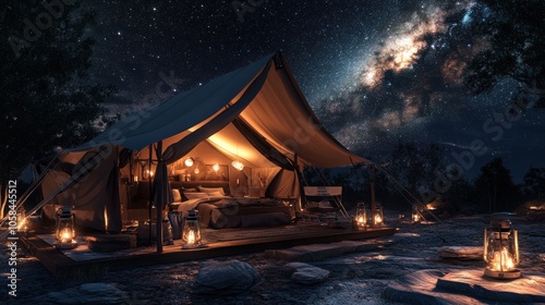 A luxurious glamping tent with a comfortable bed, lanterns, and a view of the Milky Way.