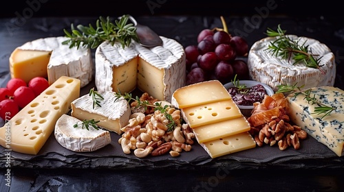 Assortment of cheeses displayed on cheese platter with grapes, nuts, knife, and spices on black tiled background with copy space image