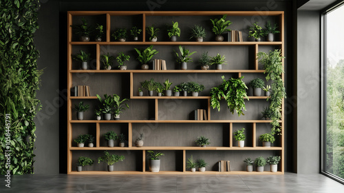 a contemporary style bookshelf adorned with plants that serves as a modern decorative element for virtual office backdrops studio backgrounds or can be printed in a large format to enhance a back. AI 