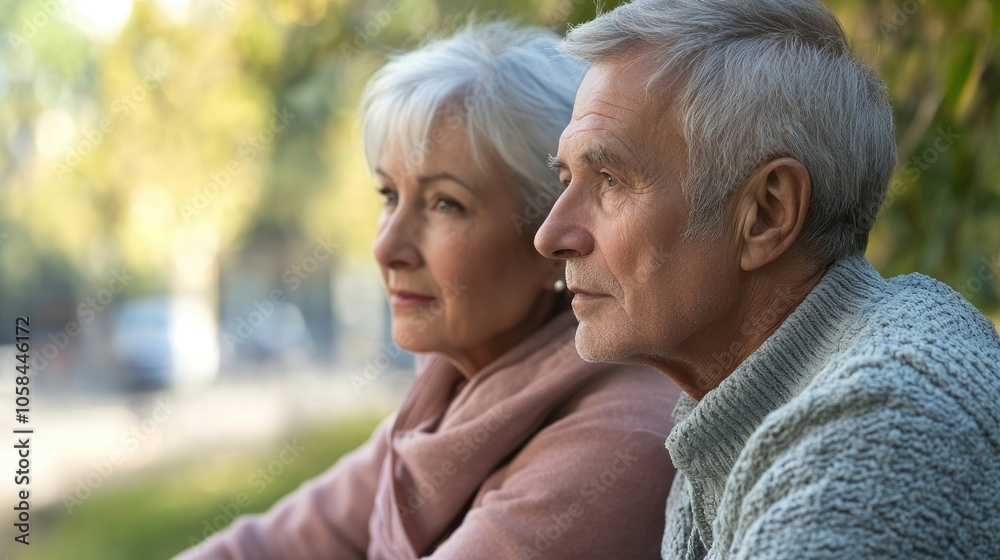 Elderly couple sitting together, their reflective expressions capturing a moment of deep thought and connection. The image emphasizes the bond between the elderly couple with ample copy space. Elderly couple sitting together, their reflective expressions capturing a moment of deep thought and connection. The image emphasizes the bond between the elderly couple with ample copy space.