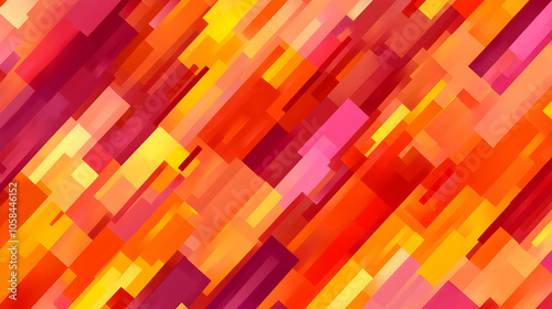 Abstract geometric background with overlapping rectangles in vibrant orange, red, pink, and yellow hues.